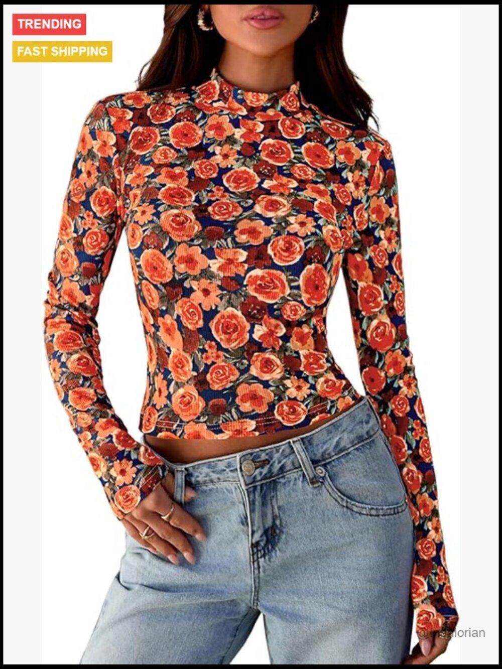 Long Sleeve Mock Neck Crop Top Fitted Floral Slim Fit Going Out Tee